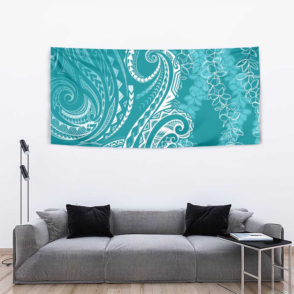 Polynesia Plumeria Lei Tapestry Teal Curves Motif