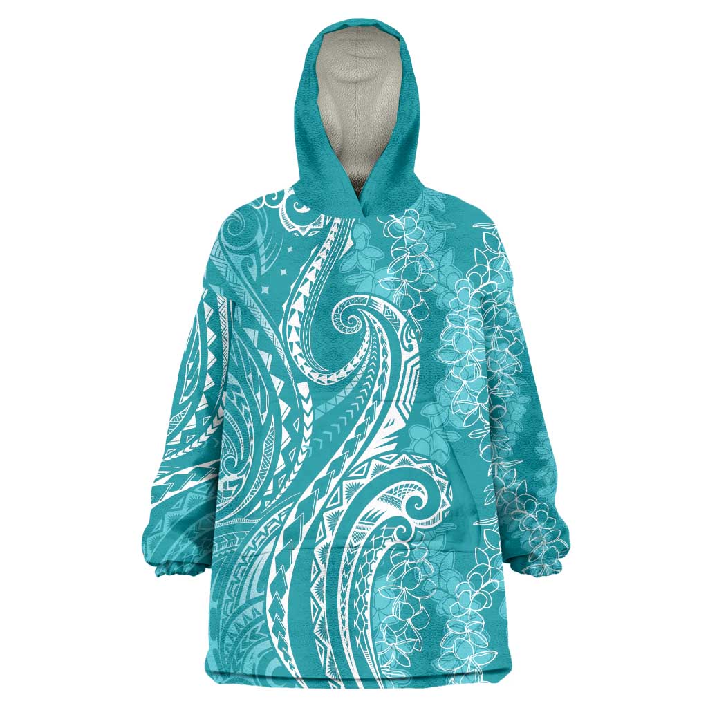 Polynesia Plumeria Lei Wearable Blanket Hoodie Teal Curves Motif