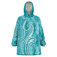 Polynesia Plumeria Lei Wearable Blanket Hoodie Teal Curves Motif