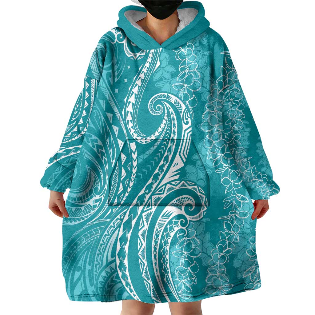 Polynesia Plumeria Lei Wearable Blanket Hoodie Teal Curves Motif