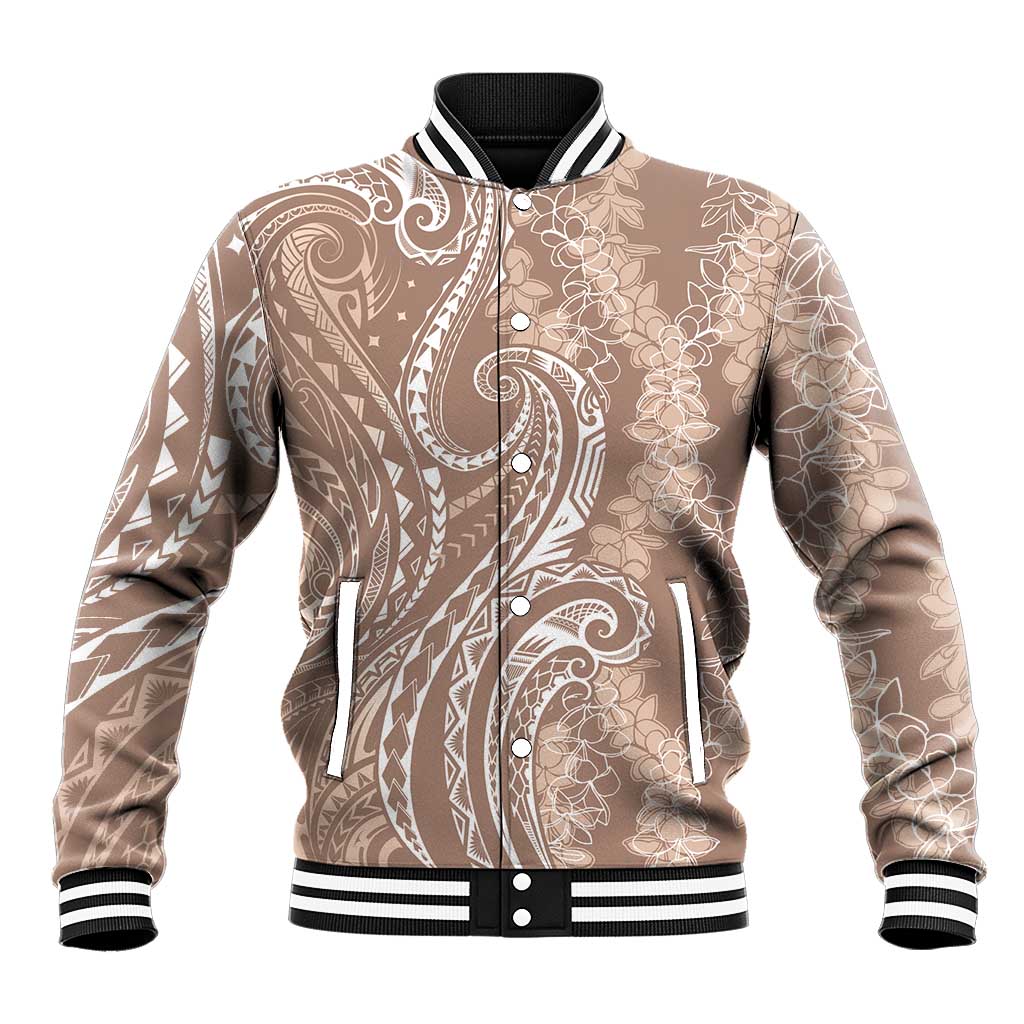 Polynesia Plumeria Lei Baseball Jacket Beige Curves Motif
