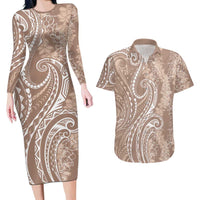 Polynesia Plumeria Lei Couples Matching Long Sleeve Bodycon Dress and Hawaiian Shirt Beige Curves Motif