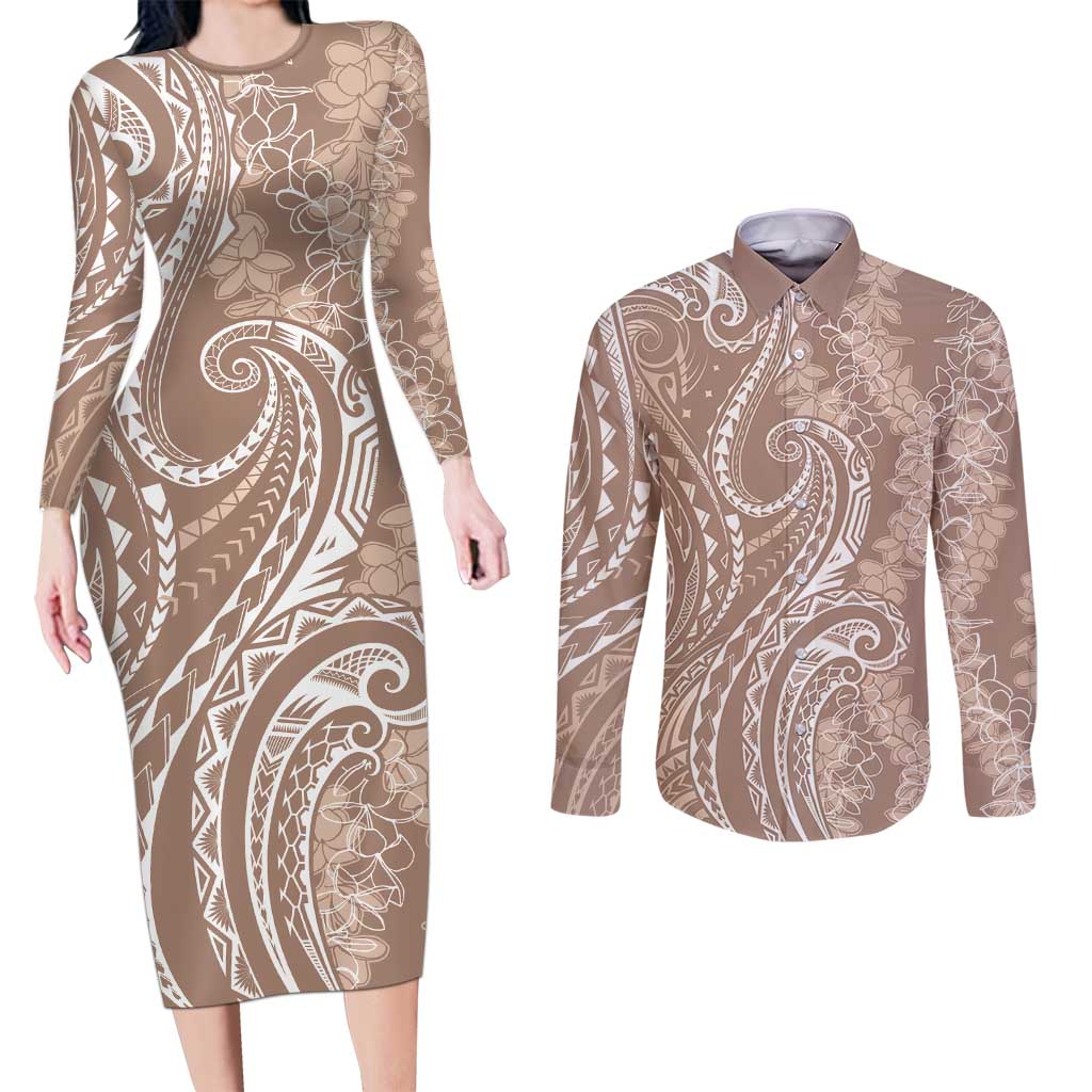 Polynesia Plumeria Lei Couples Matching Long Sleeve Bodycon Dress and Long Sleeve Button Shirt Beige Curves Motif