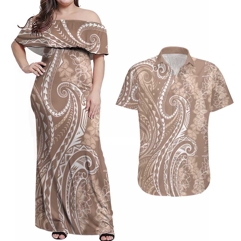 Polynesia Plumeria Lei Couples Matching Off Shoulder Maxi Dress and Hawaiian Shirt Beige Curves Motif