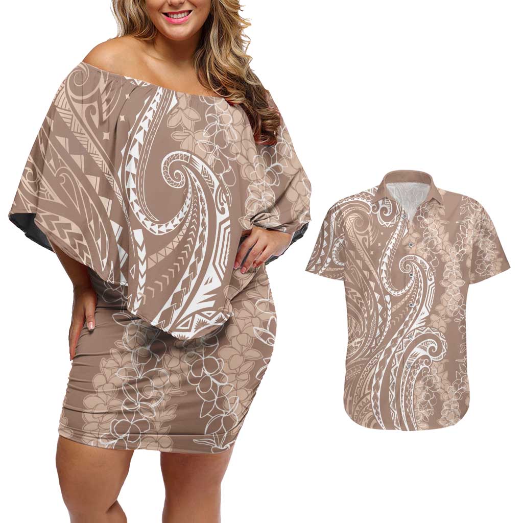 Polynesia Plumeria Lei Couples Matching Off Shoulder Short Dress and Hawaiian Shirt Beige Curves Motif