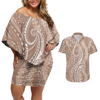 Polynesia Plumeria Lei Couples Matching Off Shoulder Short Dress and Hawaiian Shirt Beige Curves Motif