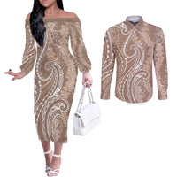 Polynesia Plumeria Lei Couples Matching Off The Shoulder Long Sleeve Dress and Long Sleeve Button Shirt Beige Curves Motif LT7 Beige - Polynesian Pride