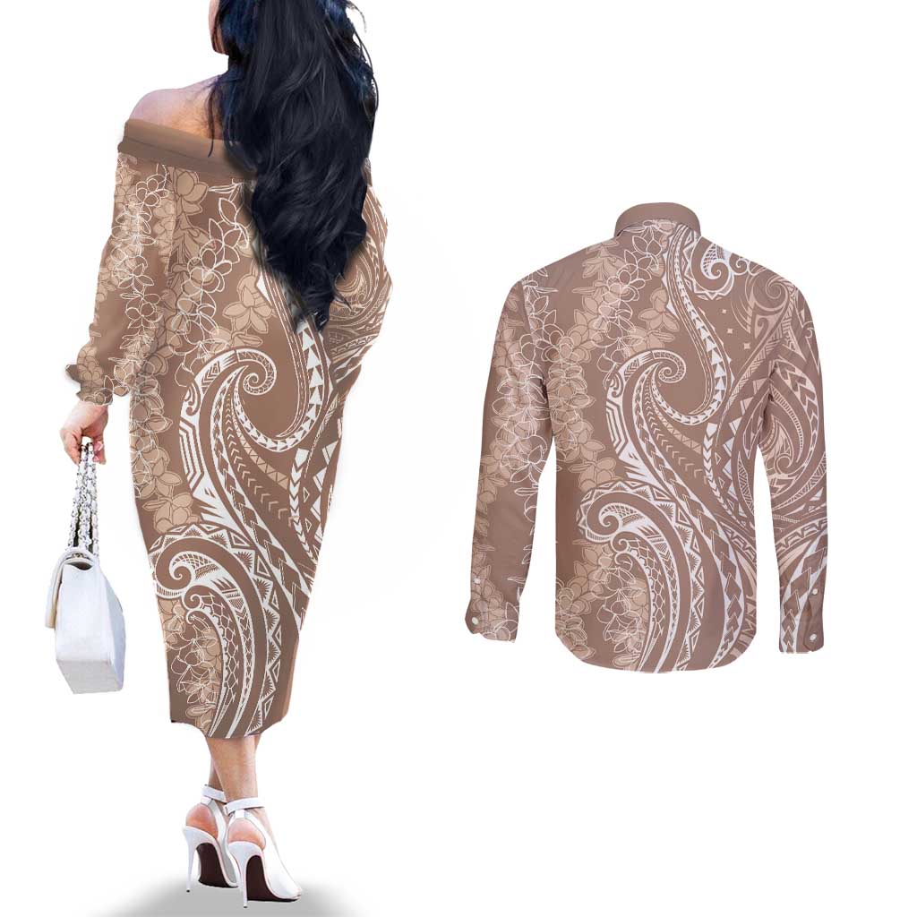 Polynesia Plumeria Lei Couples Matching Off The Shoulder Long Sleeve Dress and Long Sleeve Button Shirt Beige Curves Motif LT7 - Polynesian Pride