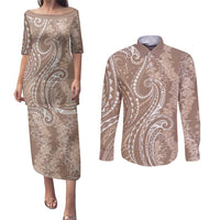 Polynesia Plumeria Lei Couples Matching Puletasi and Long Sleeve Button Shirt Beige Curves Motif LT7 Beige - Polynesian Pride