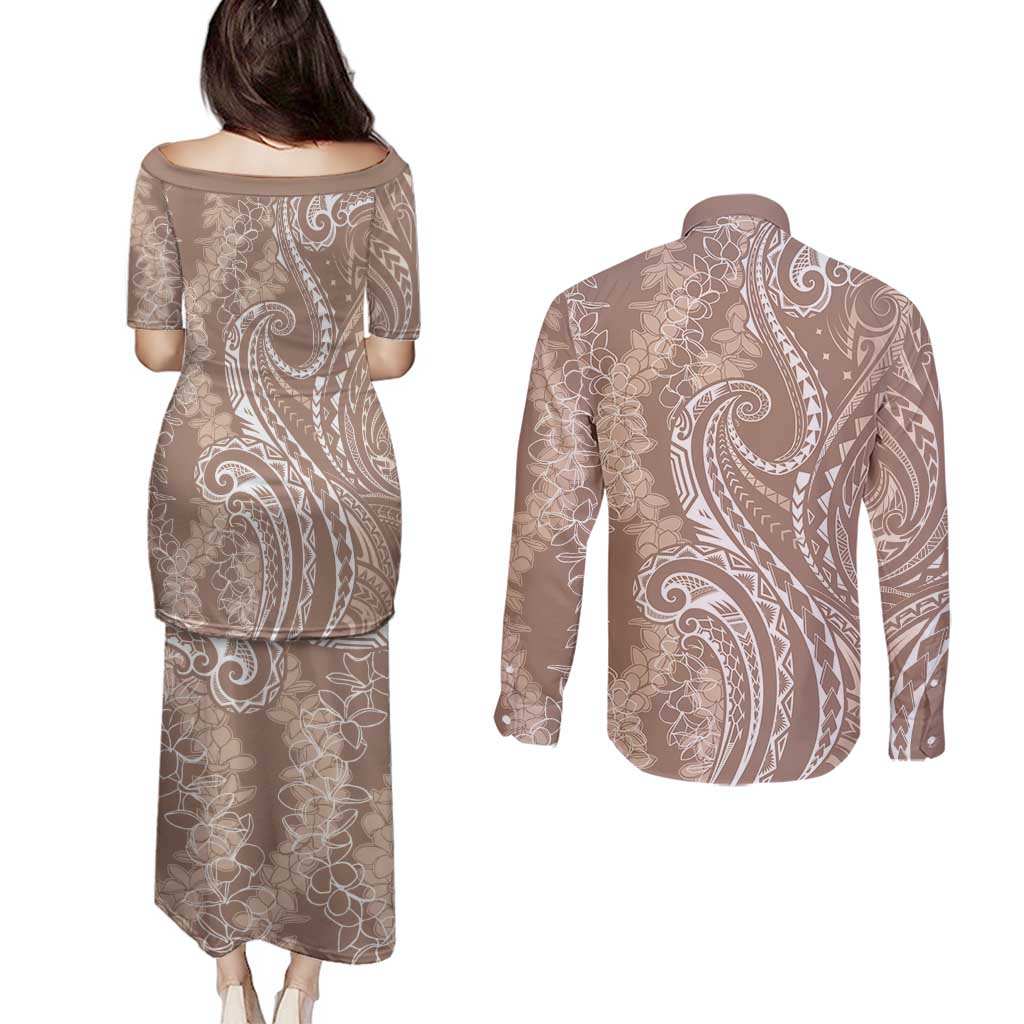 Polynesia Plumeria Lei Couples Matching Puletasi and Long Sleeve Button Shirt Beige Curves Motif LT7 - Polynesian Pride