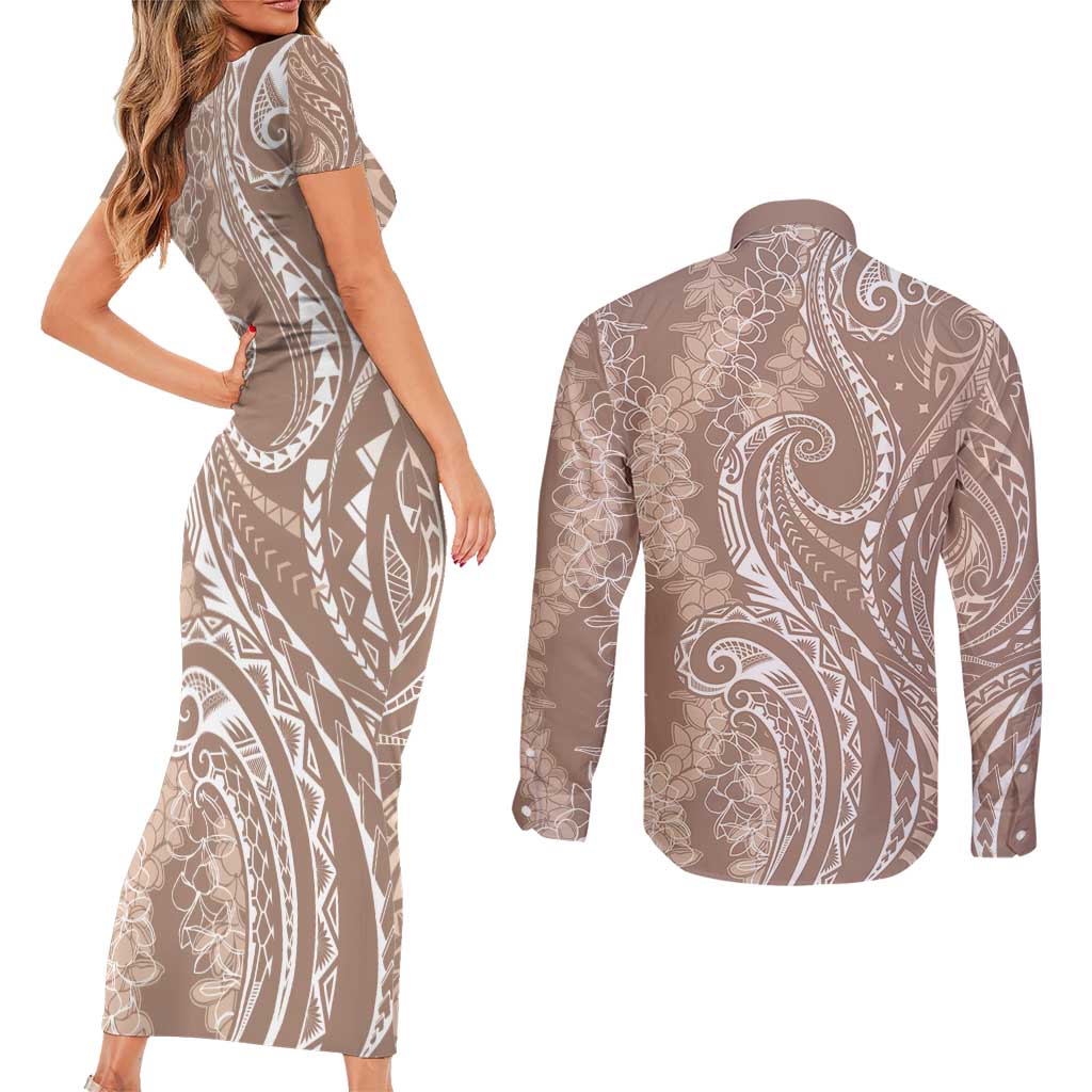 Polynesia Plumeria Lei Couples Matching Short Sleeve Bodycon Dress and Long Sleeve Button Shirt Beige Curves Motif LT7 - Polynesian Pride