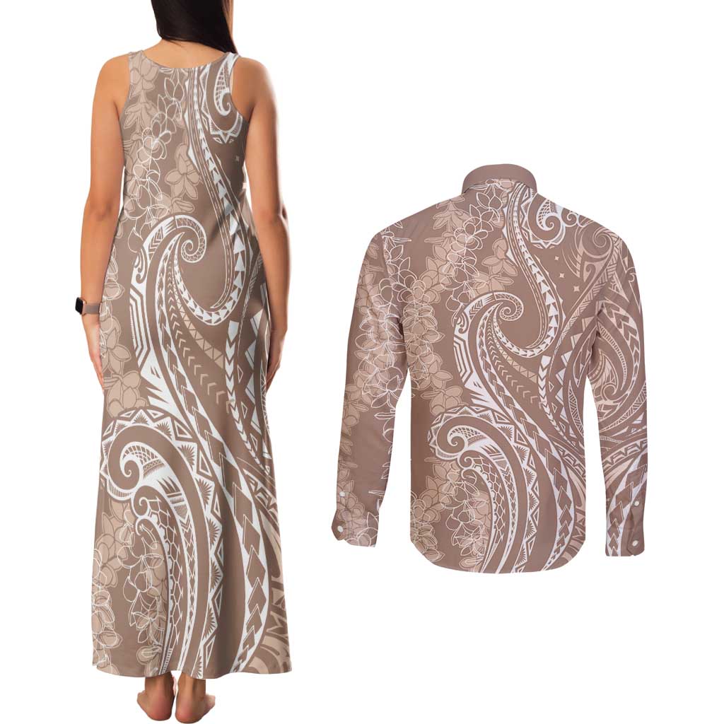 Polynesia Plumeria Lei Couples Matching Tank Maxi Dress and Long Sleeve Button Shirt Beige Curves Motif