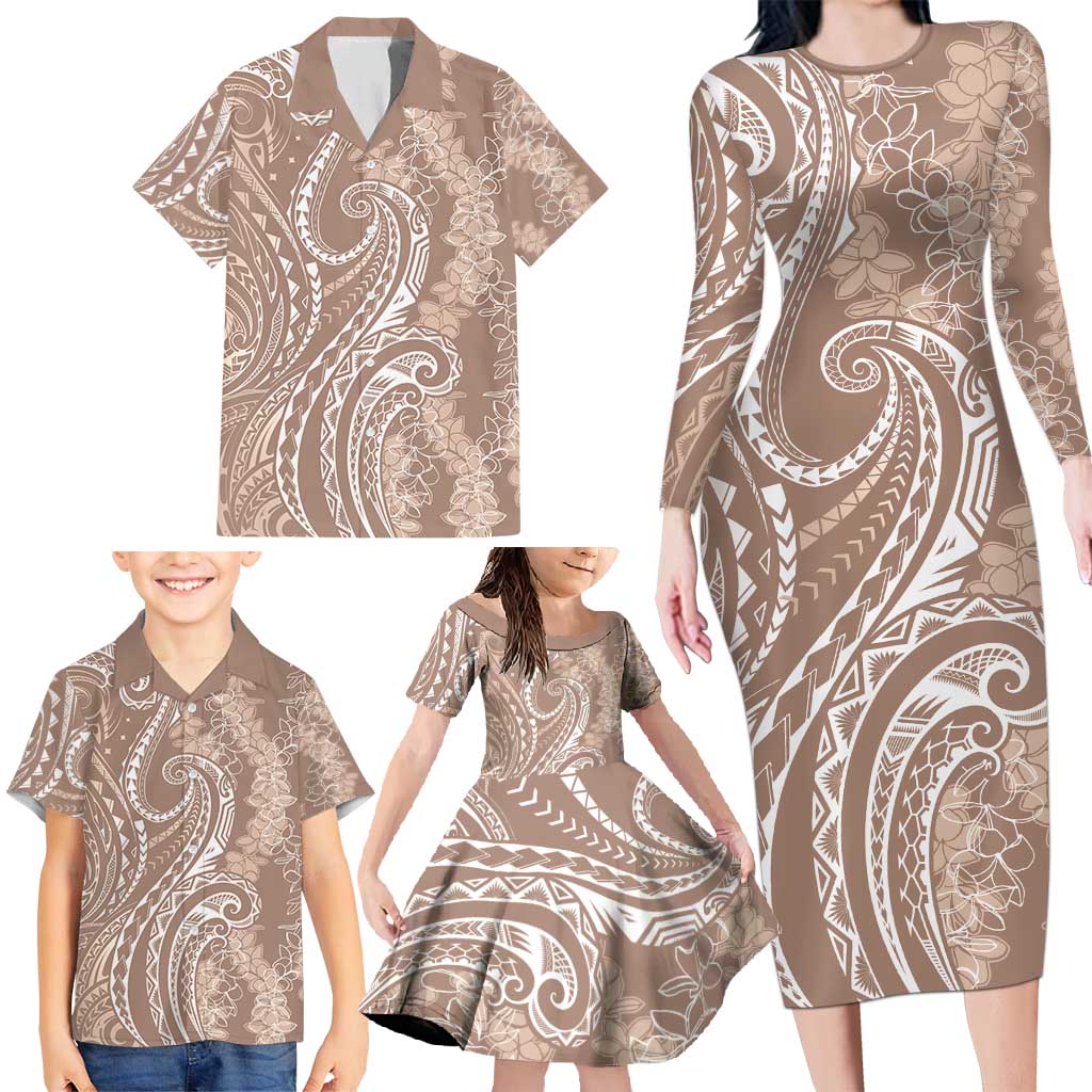 Polynesia Plumeria Lei Family Matching Long Sleeve Bodycon Dress and Hawaiian Shirt Beige Curves Motif