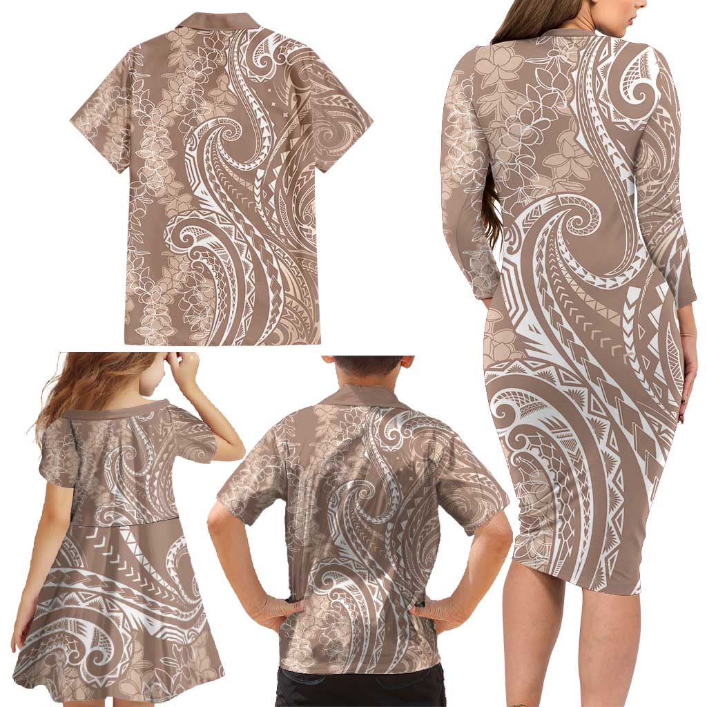 Polynesia Plumeria Lei Family Matching Long Sleeve Bodycon Dress and Hawaiian Shirt Beige Curves Motif