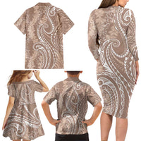 Polynesia Plumeria Lei Family Matching Long Sleeve Bodycon Dress and Hawaiian Shirt Beige Curves Motif