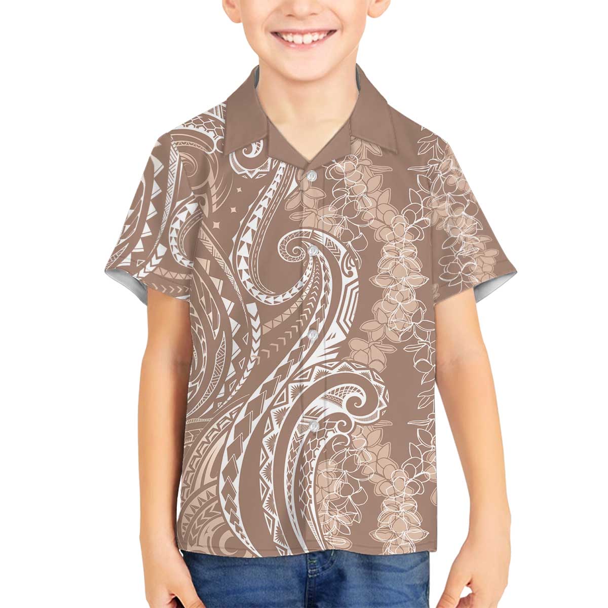 Polynesia Plumeria Lei Family Matching Off The Shoulder Long Sleeve Dress and Hawaiian Shirt Beige Curves Motif