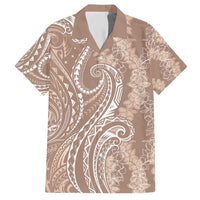 Polynesia Plumeria Lei Family Matching Short Sleeve Bodycon Dress and Hawaiian Shirt Beige Curves Motif