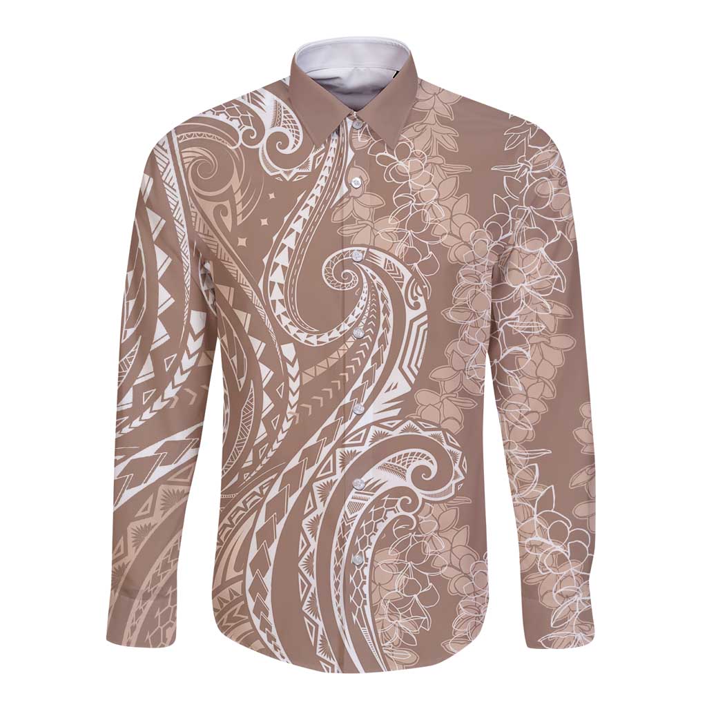 Polynesia Plumeria Lei Long Sleeve Button Shirt Beige Curves Motif