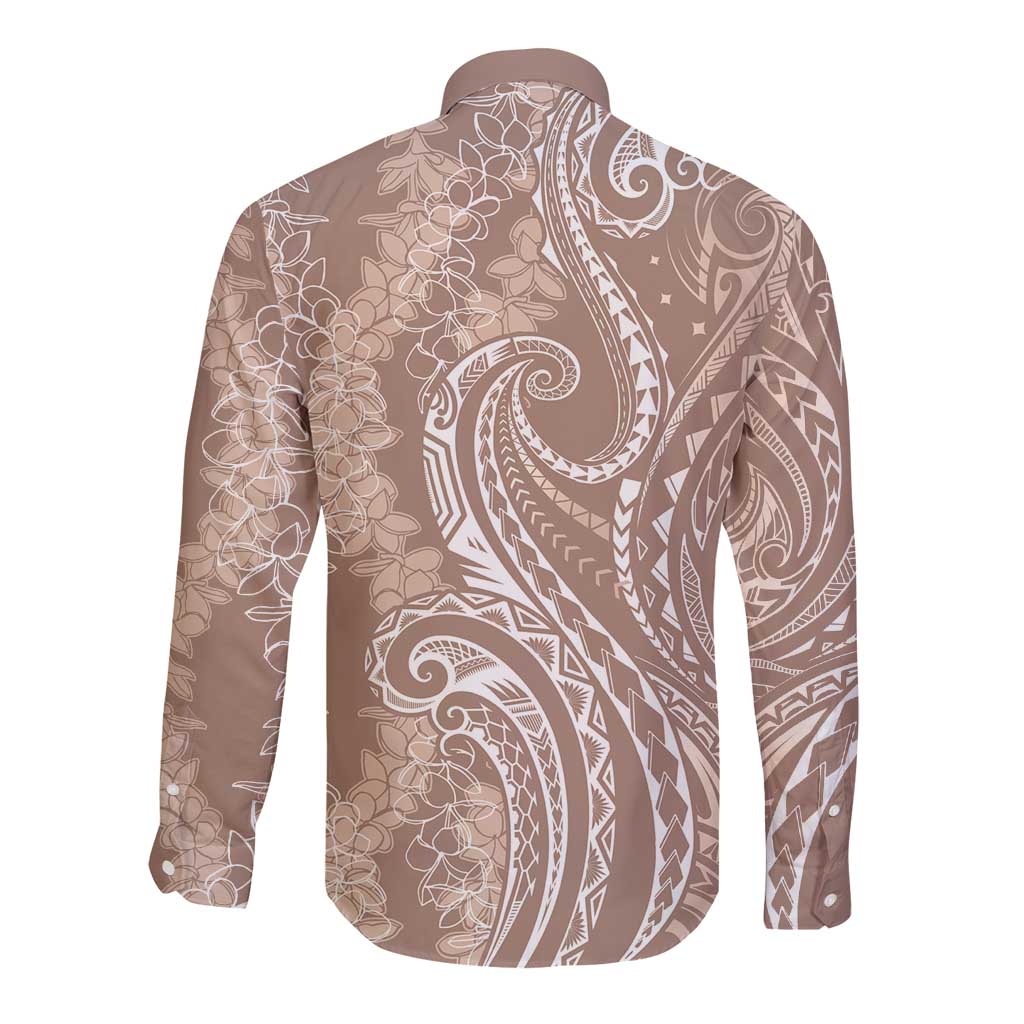 Polynesia Plumeria Lei Long Sleeve Button Shirt Beige Curves Motif LT7 - Polynesian Pride