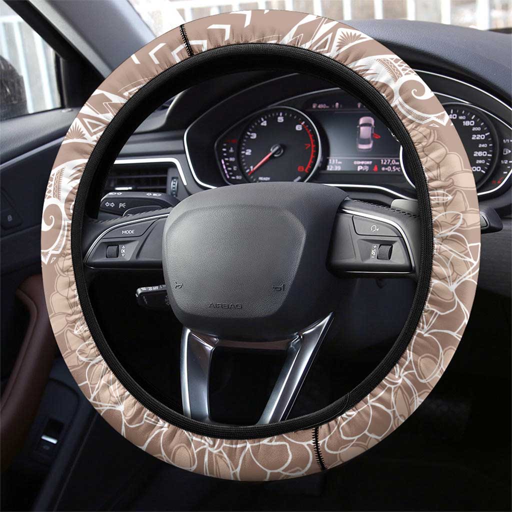 Polynesia Plumeria Lei Steering Wheel Cover Beige Curves Motif
