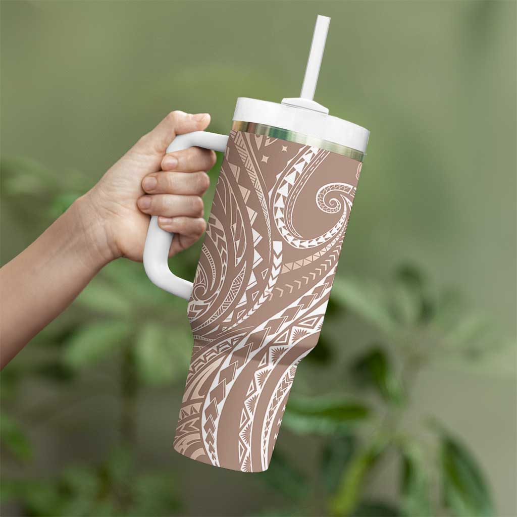 Polynesia Plumeria Lei Tumbler With Handle Beige Curves Motif LT7 - Polynesian Pride