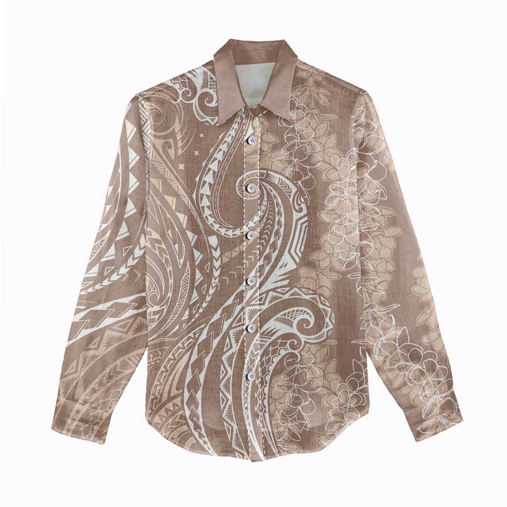 Polynesia Plumeria Lei Women Casual Shirt Beige Curves Motif