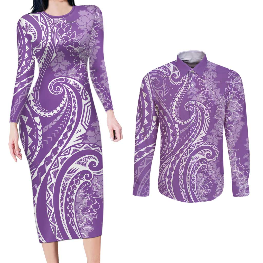 Polynesia Plumeria Lei Couples Matching Long Sleeve Bodycon Dress and Long Sleeve Button Shirt Periwinkle Curves Motif