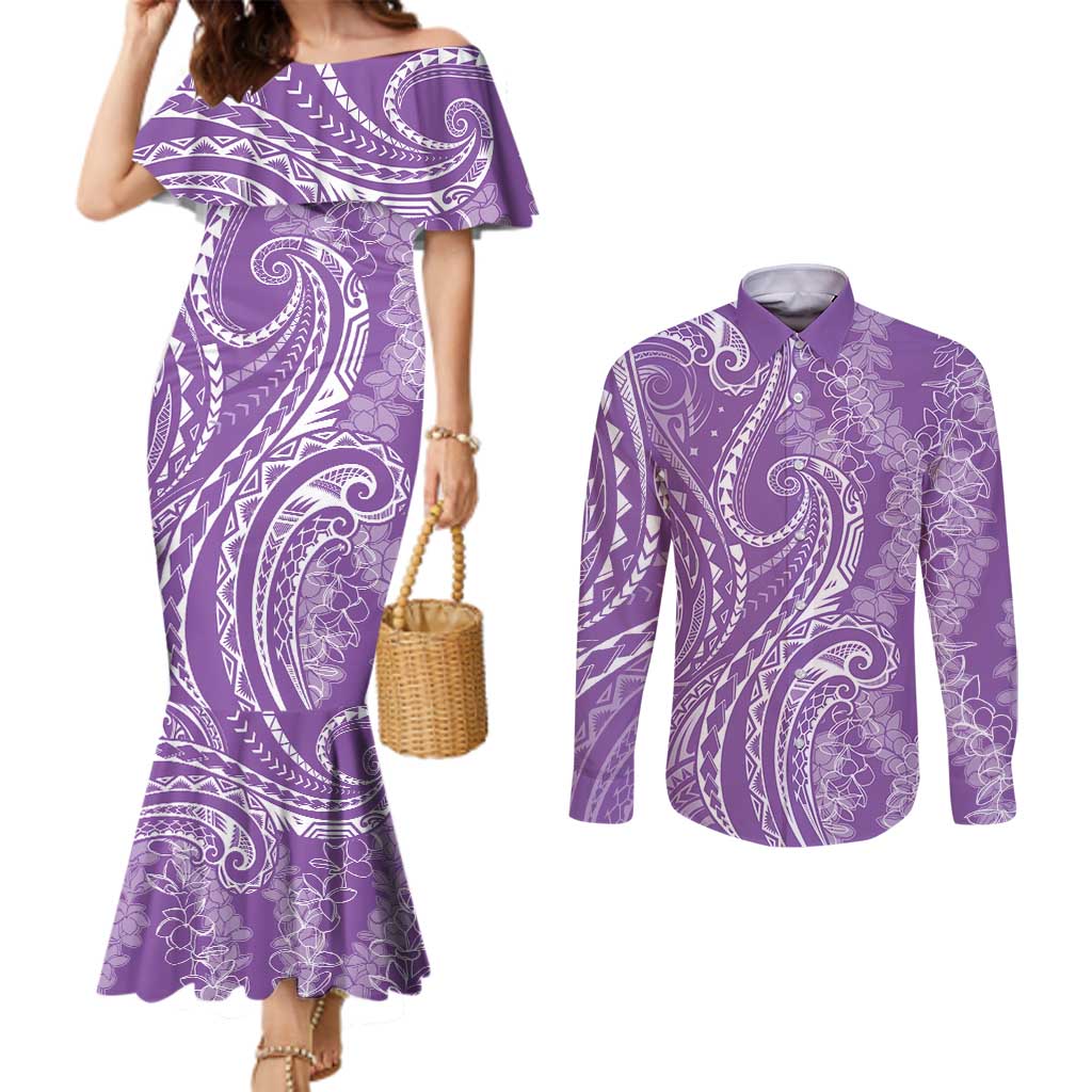 Polynesia Plumeria Lei Couples Matching Mermaid Dress and Long Sleeve Button Shirt Periwinkle Curves Motif