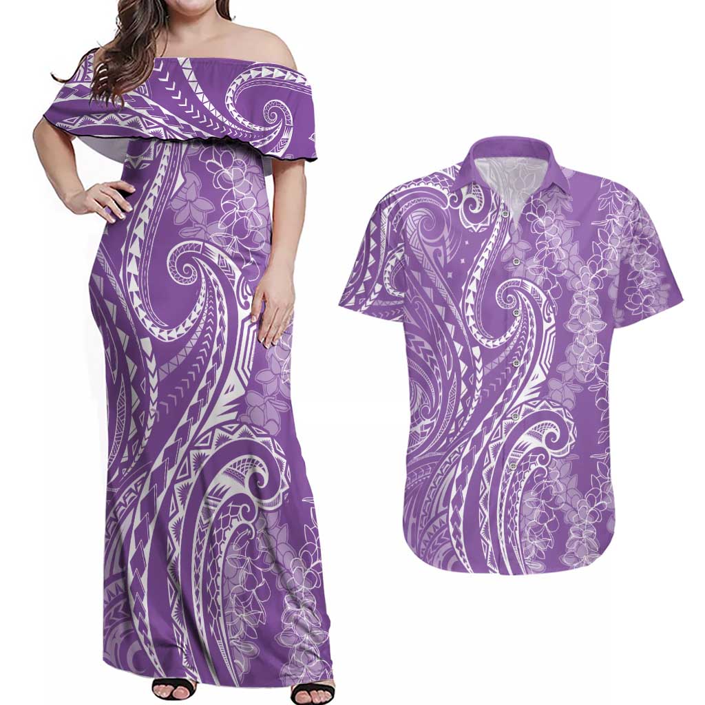 Polynesia Plumeria Lei Couples Matching Off Shoulder Maxi Dress and Hawaiian Shirt Periwinkle Curves Motif