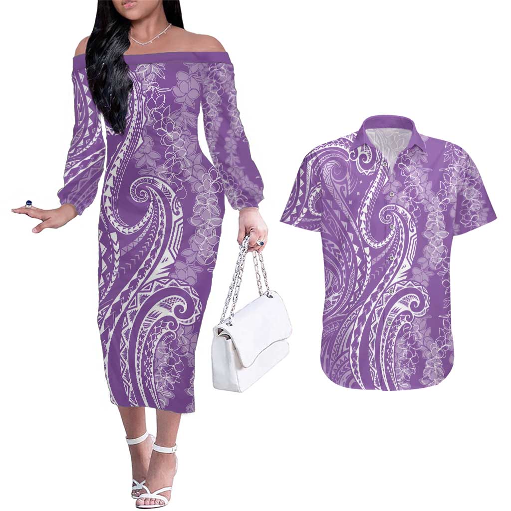 Polynesia Plumeria Lei Couples Matching Off The Shoulder Long Sleeve Dress and Hawaiian Shirt Periwinkle Curves Motif