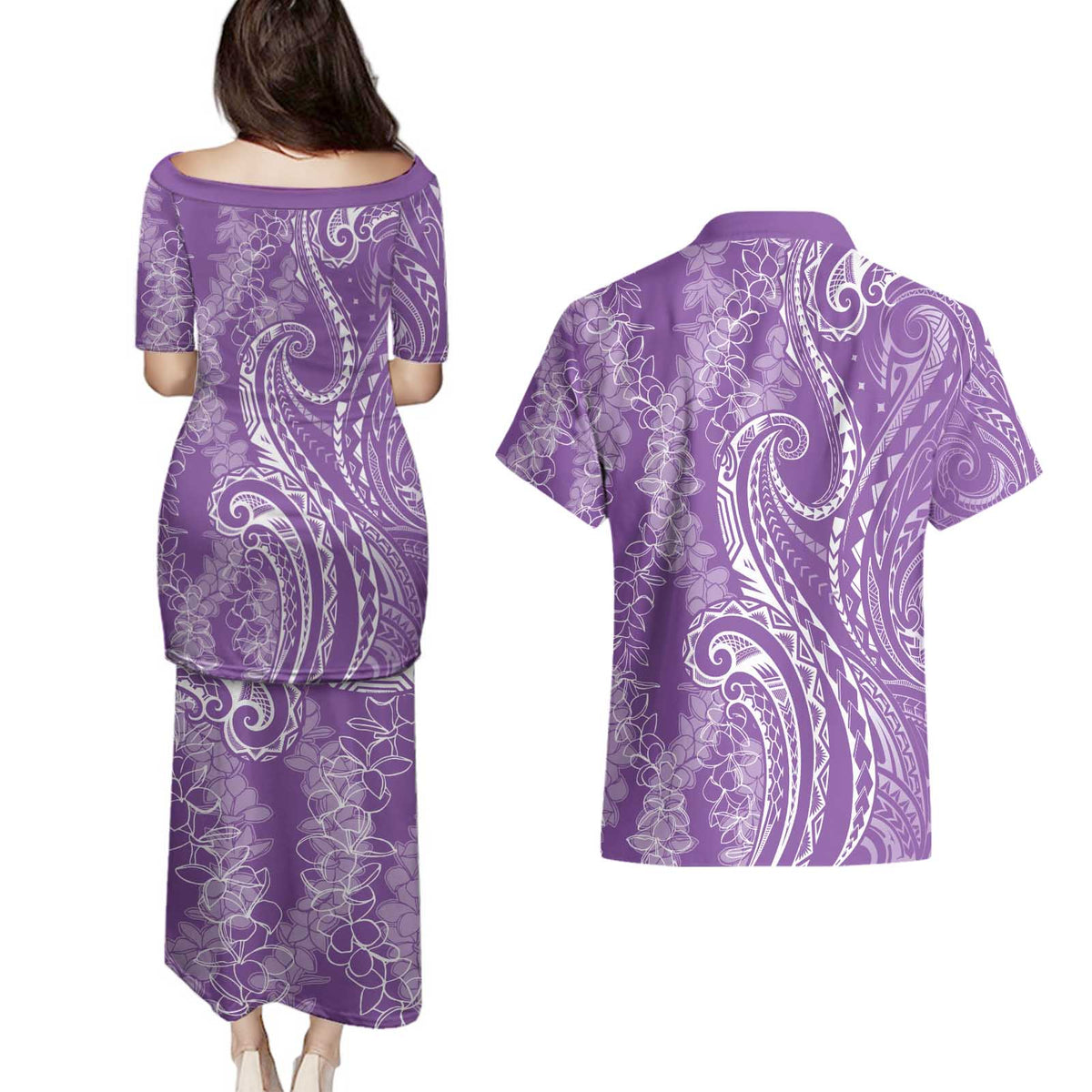 Polynesia Plumeria Lei Couples Matching Puletasi and Hawaiian Shirt Periwinkle Curves Motif