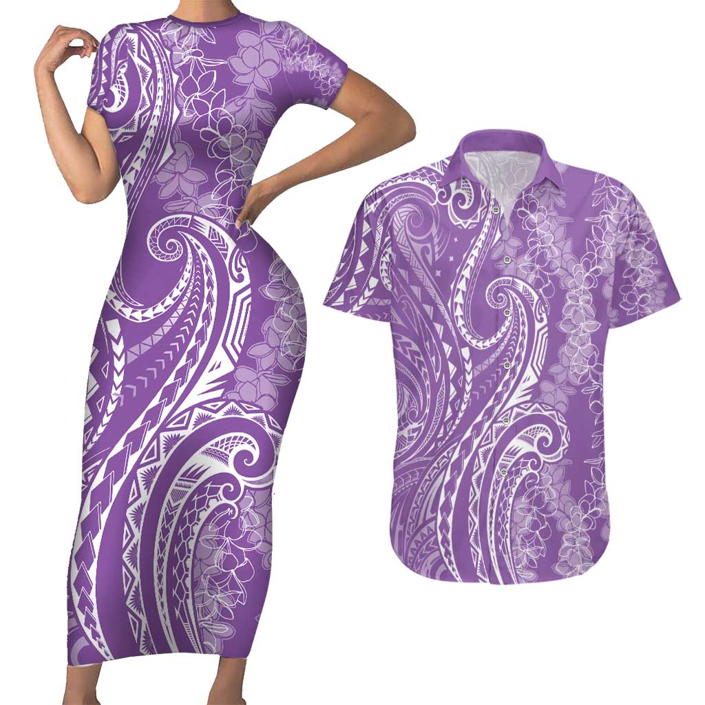 Polynesia Plumeria Lei Couples Matching Short Sleeve Bodycon Dress and Hawaiian Shirt Periwinkle Curves Motif