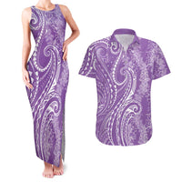 Polynesia Plumeria Lei Couples Matching Tank Maxi Dress and Hawaiian Shirt Periwinkle Curves Motif