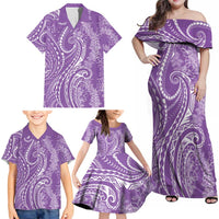 Polynesia Plumeria Lei Family Matching Off Shoulder Maxi Dress and Hawaiian Shirt Periwinkle Curves Motif