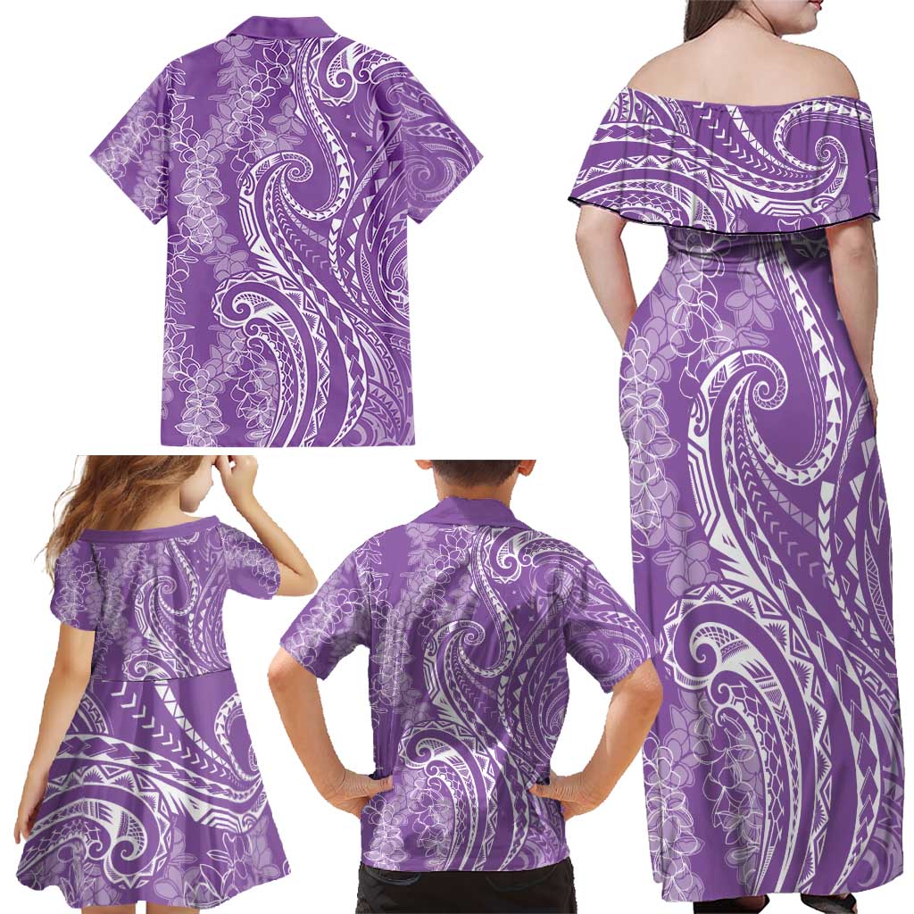 Polynesia Plumeria Lei Family Matching Off Shoulder Maxi Dress and Hawaiian Shirt Periwinkle Curves Motif