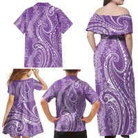 Polynesia Plumeria Lei Family Matching Off Shoulder Maxi Dress and Hawaiian Shirt Periwinkle Curves Motif