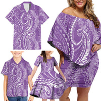 Polynesia Plumeria Lei Family Matching Off Shoulder Short Dress and Hawaiian Shirt Periwinkle Curves Motif