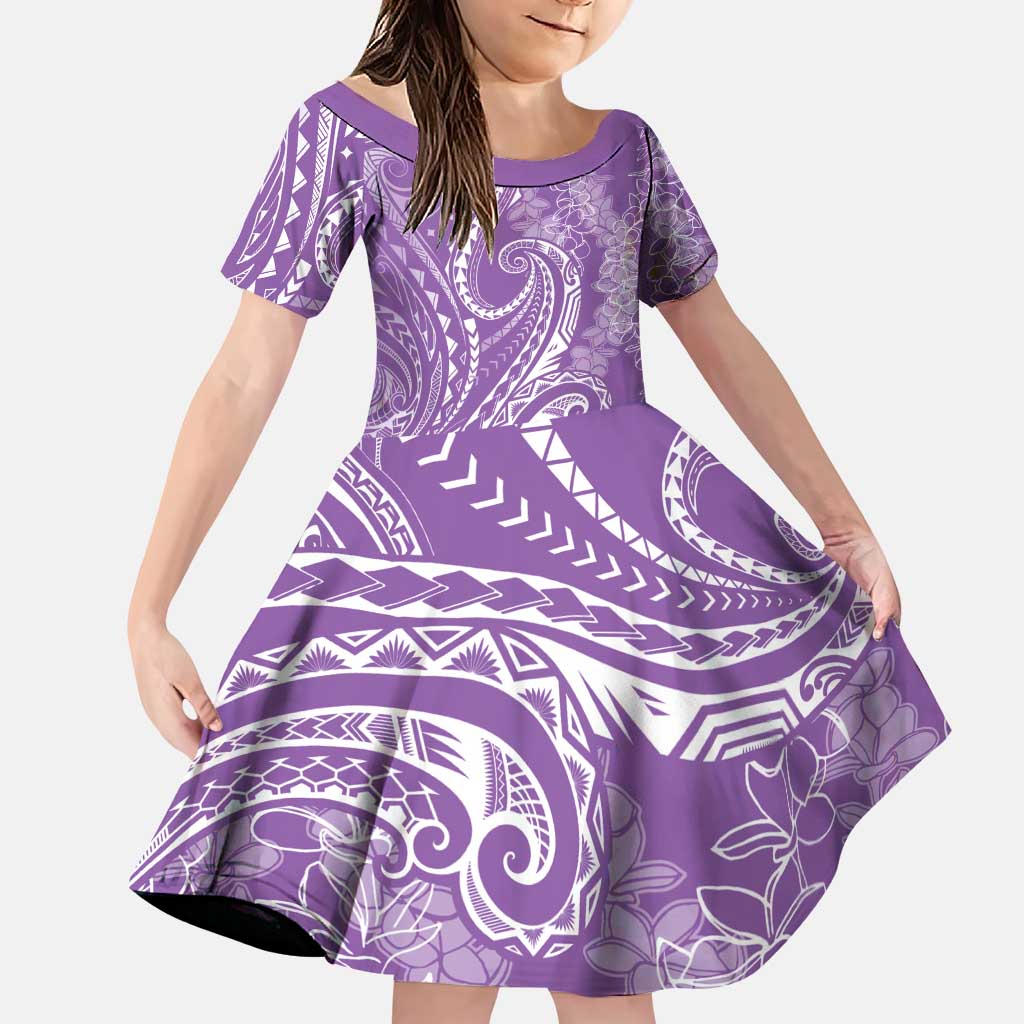 Polynesia Plumeria Lei Family Matching Puletasi and Hawaiian Shirt Periwinkle Curves Motif LT7 Daughter's Dress Periwinkle - Polynesian Pride