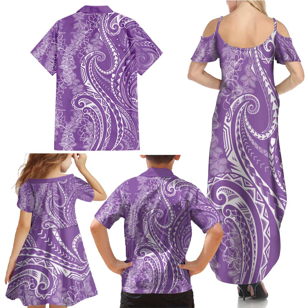 Polynesia Plumeria Lei Family Matching Summer Maxi Dress and Hawaiian Shirt Periwinkle Curves Motif