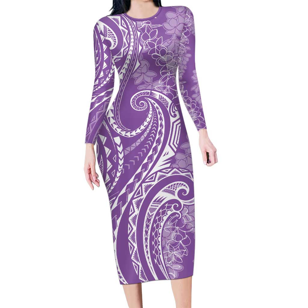 Polynesia Plumeria Lei Long Sleeve Bodycon Dress Periwinkle Curves Motif