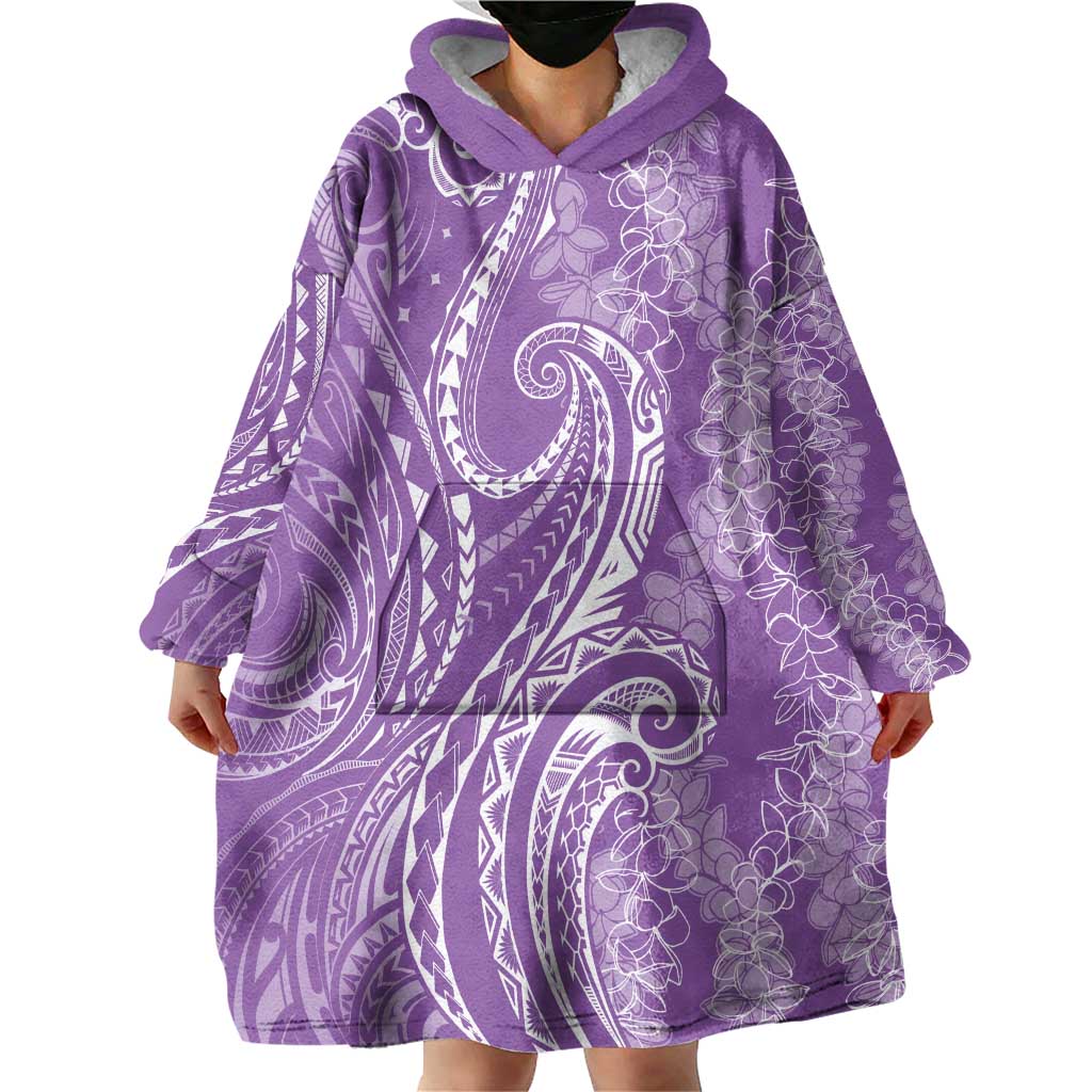 Polynesia Plumeria Lei Wearable Blanket Hoodie Periwinkle Curves Motif
