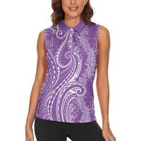 Polynesia Plumeria Lei Women Sleeveless Polo Shirt Periwinkle Curves Motif