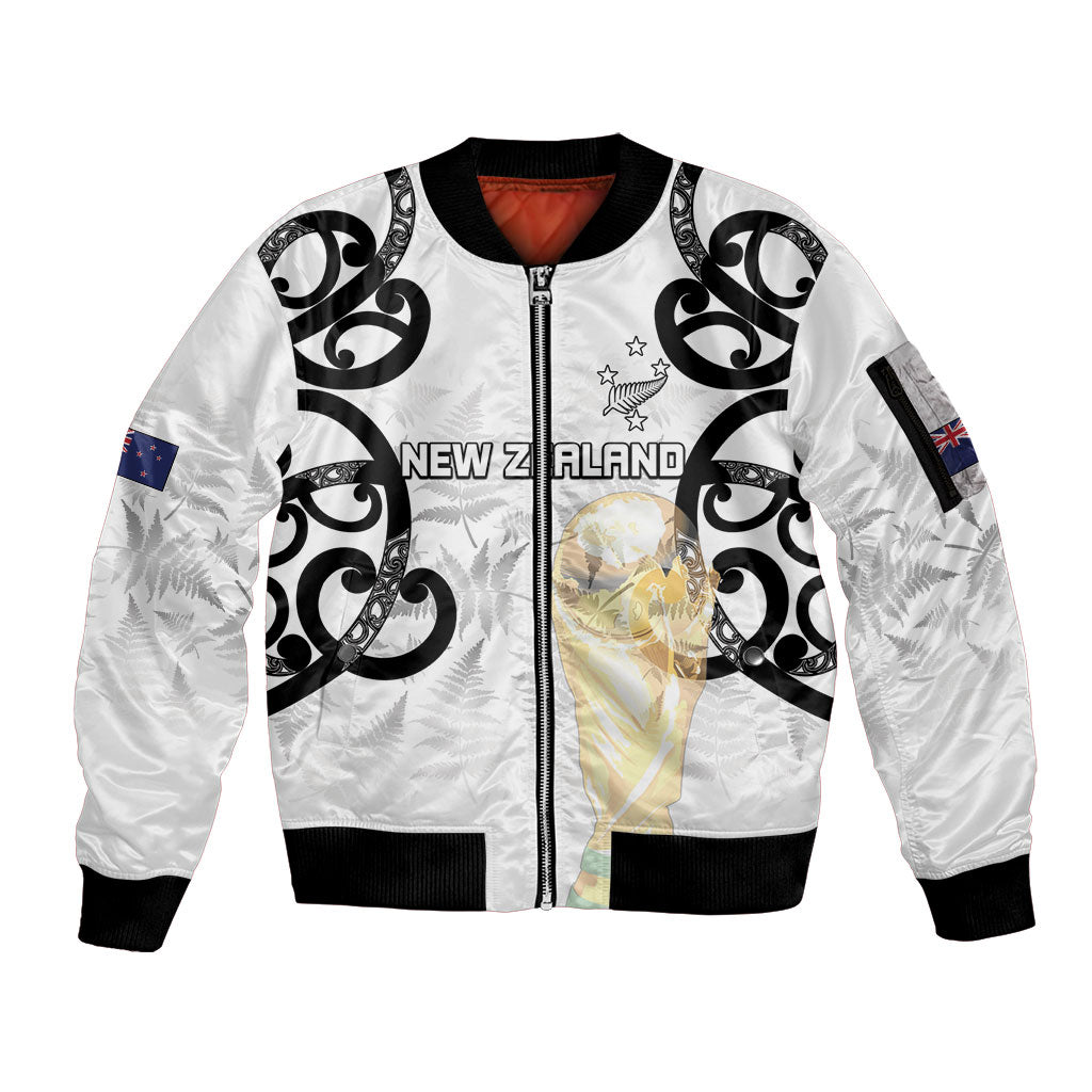 New Zealand WC2026 Custom White Sleeve Zip Bomber Jacket Silver Fern LT7 Unisex White - Polynesian Pride