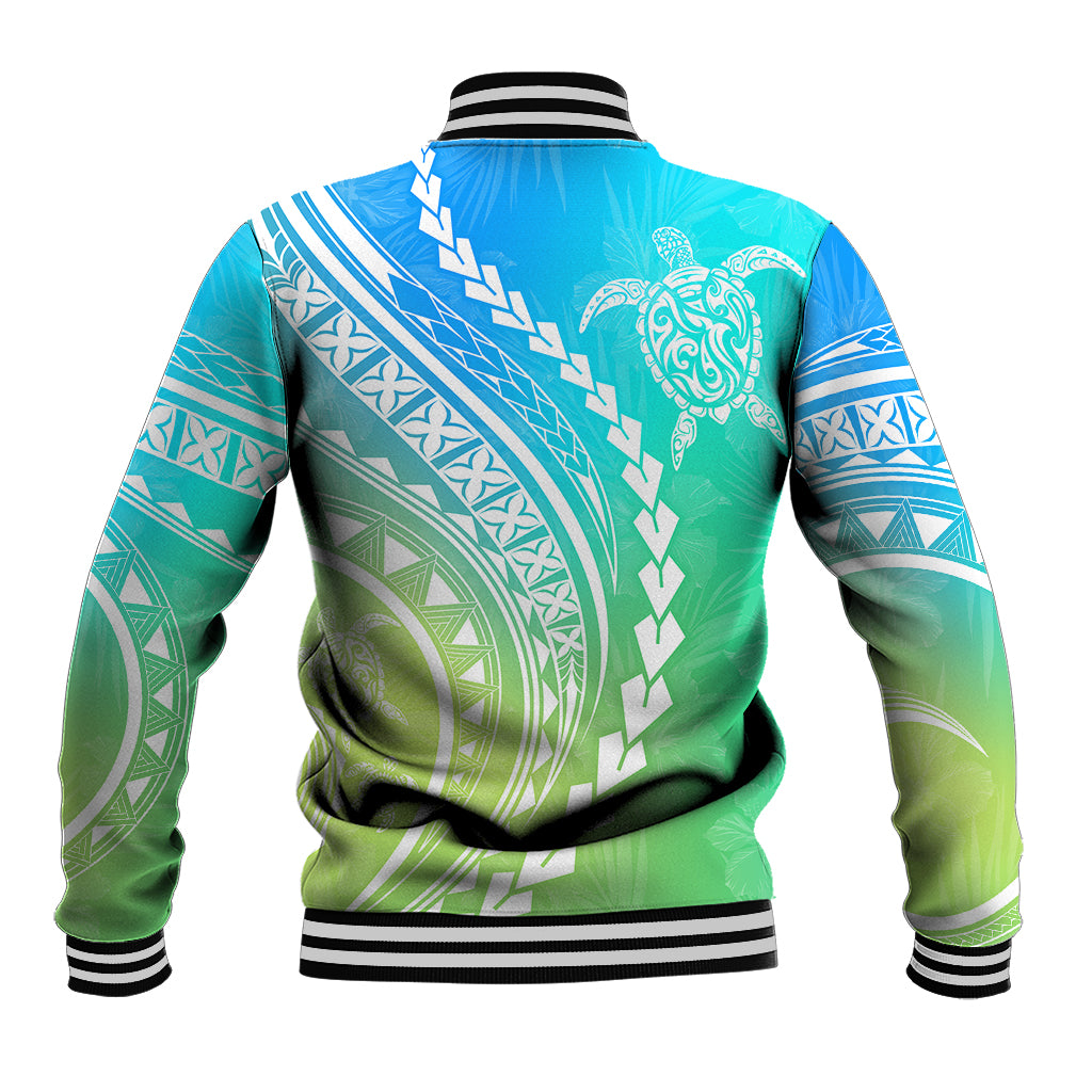 Polynesian Pride Baseball Jacket Turtle Hibiscus Luxury Style - Gradient Blue LT7 - Polynesian Pride