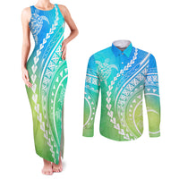 Polynesian Pride Couples Matching Tank Maxi Dress and Long Sleeve Button Shirts Turtle Hibiscus Luxury Style - Gradient Blue LT7 Blue Green - Polynesian Pride