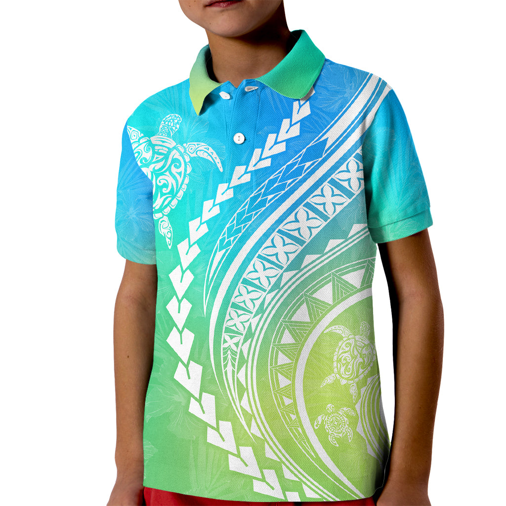 Polynesian Pride Kid Polo Shirt Turtle Hibiscus Luxury Style - Gradient Blue LT7 Kid Blue Green - Polynesian Pride