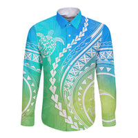 Polynesian Pride Long Sleeve Button Shirt Turtle Hibiscus Luxury Style - Gradient Blue LT7 Unisex Blue Green - Polynesian Pride