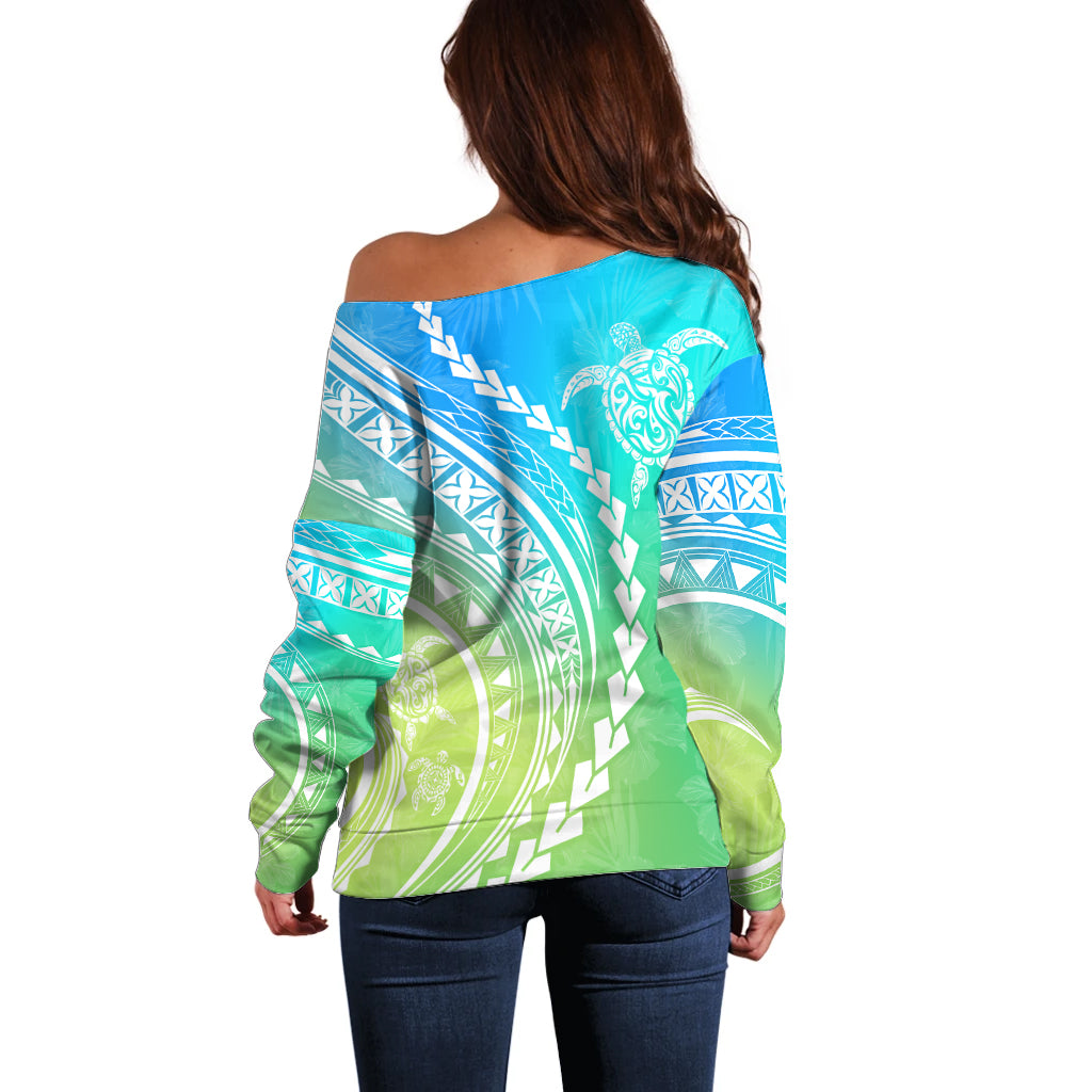 Polynesian Pride Off Shoulder Sweater Turtle Hibiscus Luxury Style - Gradient Blue LT7 - Polynesian Pride