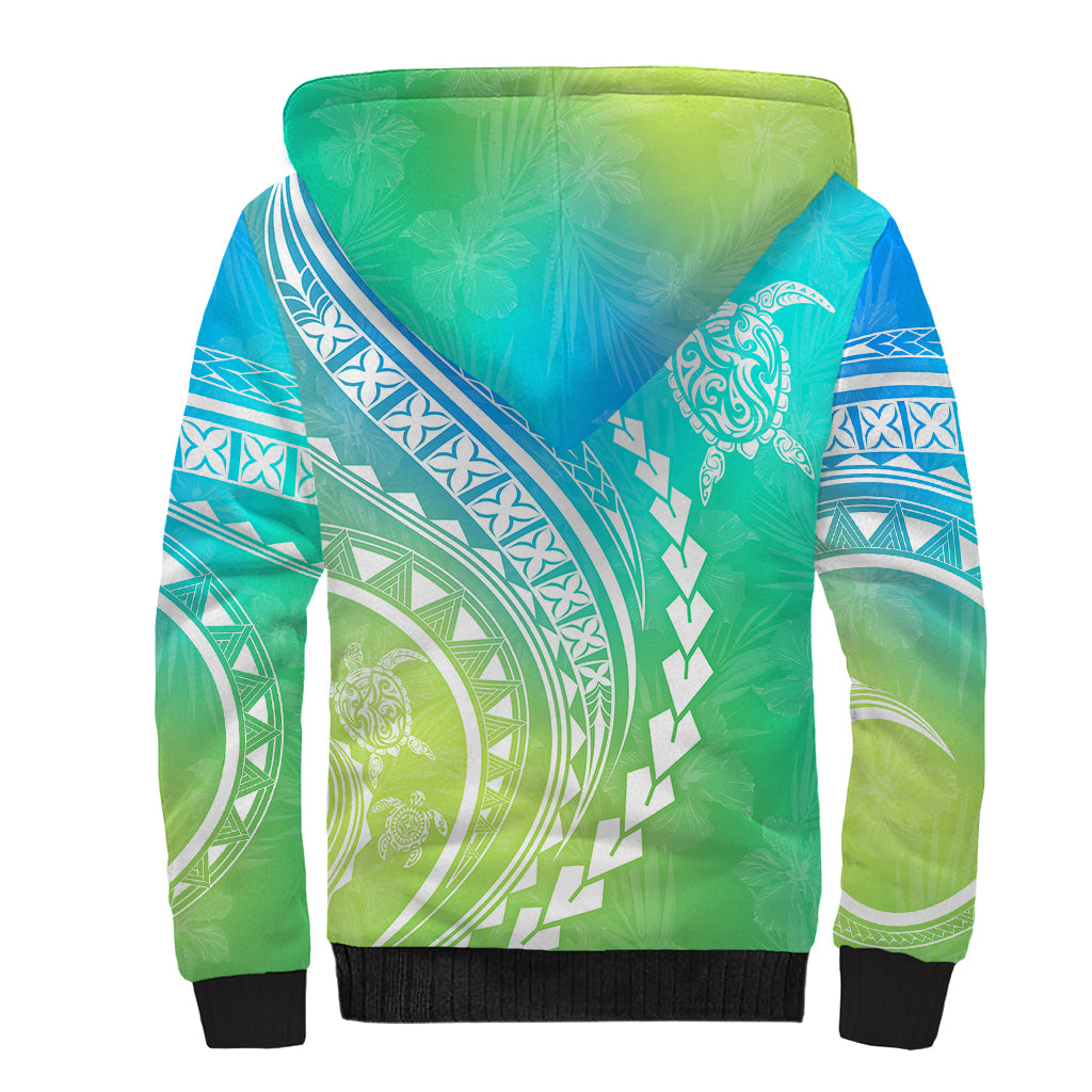 Polynesian Pride Sherpa Hoodie Turtle Hibiscus Luxury Style - Gradient Blue LT7 - Polynesian Pride
