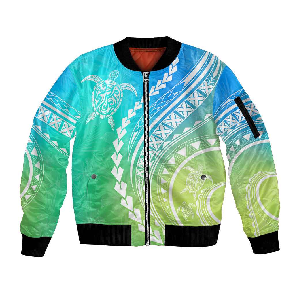 Polynesian Pride Sleeve Zip Bomber Jacket Turtle Hibiscus Luxury Style - Gradient Blue LT7 Unisex Blue Green - Polynesian Pride